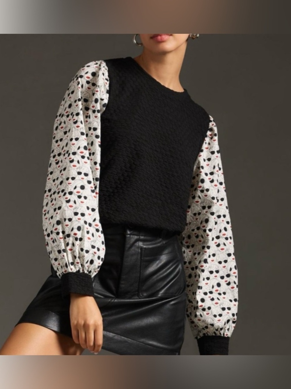 Anthropologie Black Knit Bodice Pullover with White Printed Balloon Sleeves